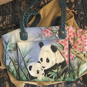 Anuschka Blue and Green Panda Tote Bag